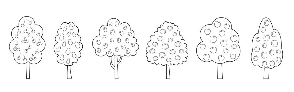 Fruit tree set cherry pear plum orange apple peach Stock Illustration