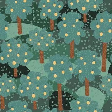 Fruit trees seamless pattern. Doodle apple tree landscape background. イラスト素材