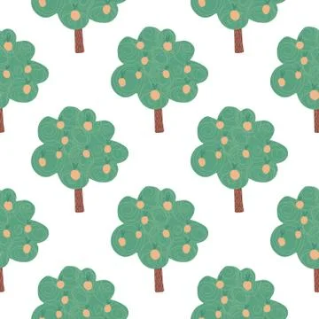 Fruit trees seamless pattern on white background. Doodle apple tree landscape Stock Illustration