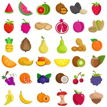 Fruit vector clip art set with watermelon, melon, apple, peach, grapes, cocon Stock Illustration