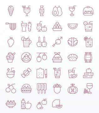 Fruit Vector Icon Collection featuring 40 Detail Enhanced 128x128 Thin Line.. Illustrazione stock