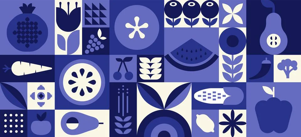 Fruit vegetable geometric pattern. Organic natural food background creative Stock Illustration