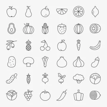 Fruit Vegetable Line Art Design Icons Big Set Stock Illustration