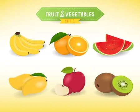 Fruit &amp; Vegetable sets, minimal style. Fresh fruits with banana, orange, wate 스톡 일러스트