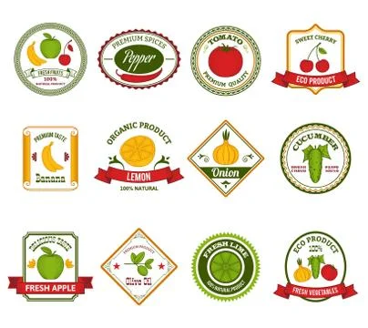 Fruit vegetables labels set color Stock Illustration