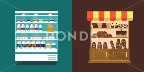 Fruit, vegetables, milk products, meat, bakery shop stall vector set Stock Illustration