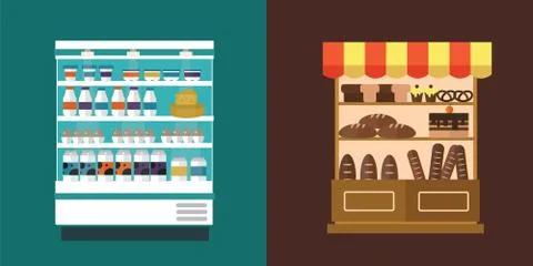 Fruit, vegetables, milk products, meat, bakery shop stall vector set Stock Illustration