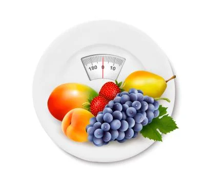 Fruit on the weight scale. diet concept. vector. Stock Illustration