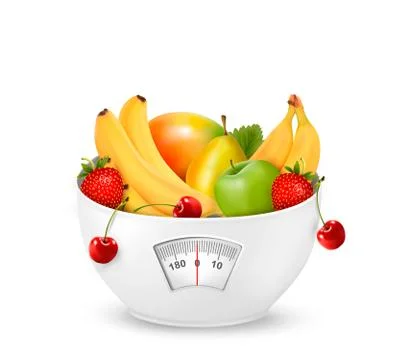 Fruit with in a weight scale. diet concept. vector. Stock Illustration