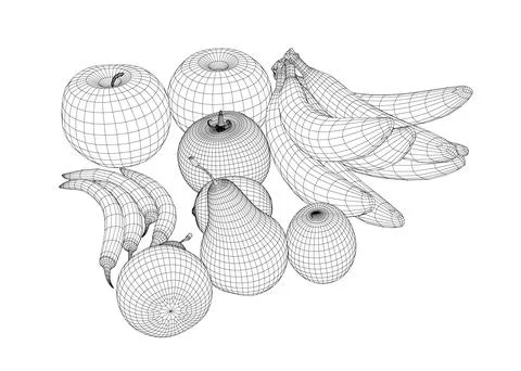Fruit wireframe: bananas, apples, pears, peppers, tomato made of black lines Stock Illustration