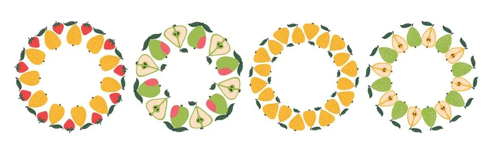 Fruit Wreath Vector Set with Pear Halves and Strawberry Round Frames for Or.. Stock Illustration