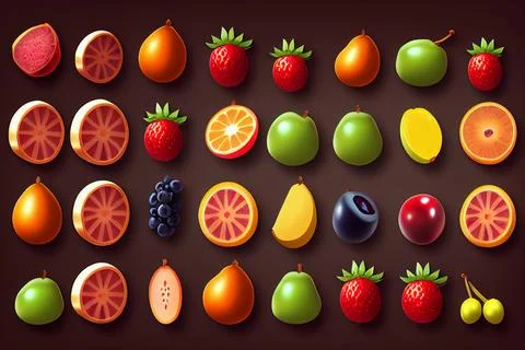 Fruits and berries game icons for casino app or pc. Cartoon set. Stock Illustration