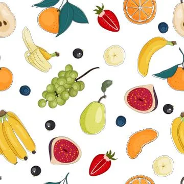 Fruits and berries seamless pattern on white background, vector illustration. Stock Illustration