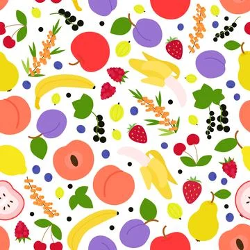 Fruits and berries seamless pattern. Tropical food mix, sweet organic raw 스톡 일러스트
