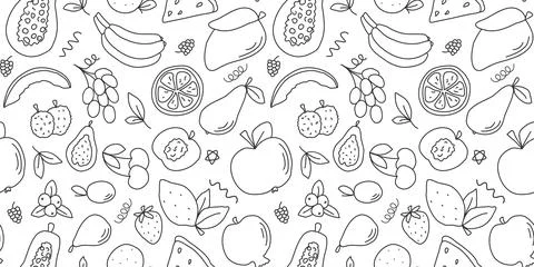Fruits and berries seamless pattern in doodle sketch style Stock Illustration