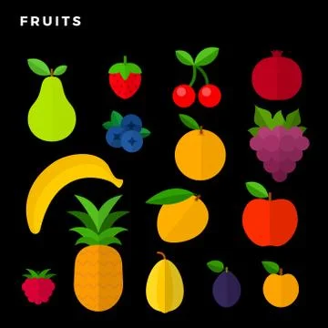 Fruits and berries set isolated on black Stock Illustration