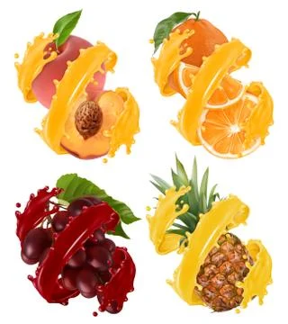 Fruits and berries in splash of juice. Orange, pineapple, grapes, peach. 3d r Stock Illustration
