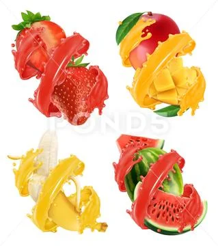 Fruits and berries in splash of juice. Mango, banana, watermelon, strawberry. Stock Illustration