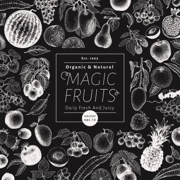 Fruits and berries vector background on chalk board. Hand drawn food Stock Illustration