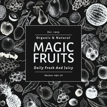 Fruits and berries vector background on chalk board. Hand drawn food Stock Illustration