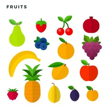 Fruits and berries vector flat icons set isolated on white. Stock Illustration