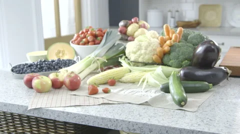 Fruits and Vegetable display on a kitchen worktop dolly right Video stock 63780075