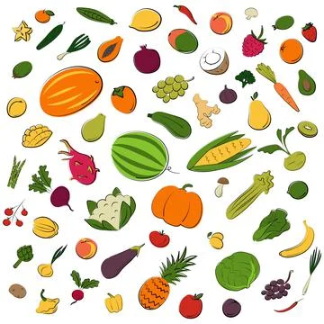 Fruits and vegetable set. Vector flat illustration. Vegetarian concept Stock Illustration
