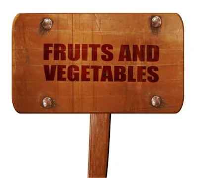 Fruits and vegetables, 3D rendering, text on wooden sign Stock Illustration