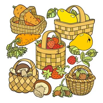 Fruits and vegetables in baskets Stock Illustration