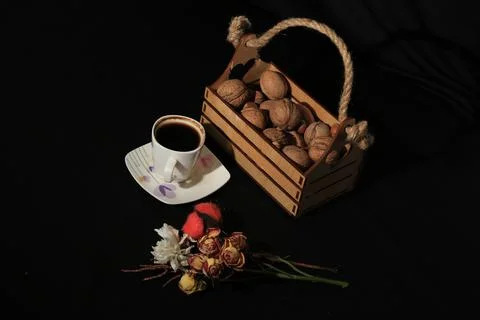 Fruits and vegetables on a black background, coffee, berries Фото