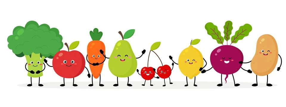 Fruits and vegetables characters with different poses and emotions. Illustrazione stock