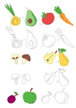 Fruits and vegetables in continuous line art drawing style. Minimalist blac.. Stock Illustration