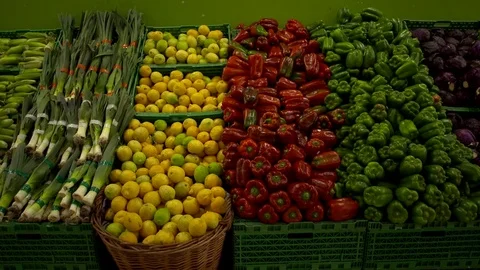Fruits and vegetables displayed Stock Footage