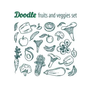 Fruits and vegetables doodle set. Food collection with avocado, mushrooms Stock Illustration
