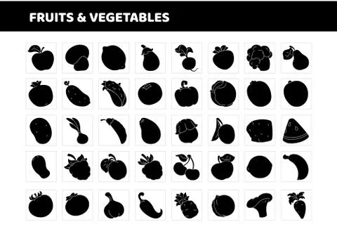 Fruits and vegetables flat icon set. Solid black silhouette Stock Illustration