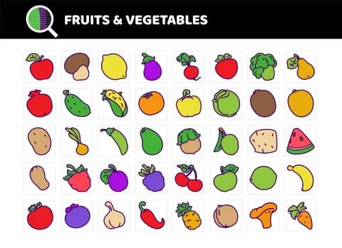 Fruits and vegetables flat vector icons set. colored line and fill Stock Illustration