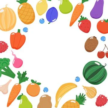 Fruits and vegetables frame with copy space, illustration in flat style Ilustración de archivo