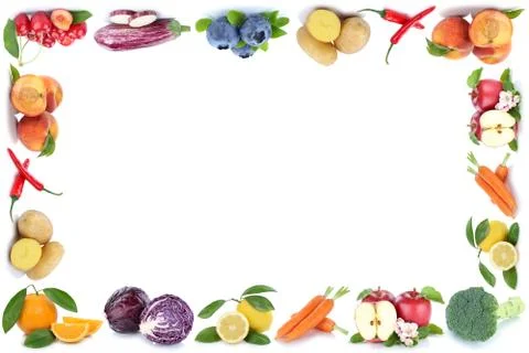 Fruits and vegetables frame copyspace copy space apple orange cherries carr.. Stock Photos
