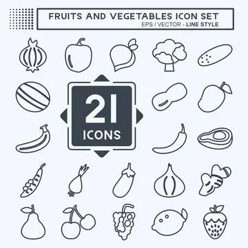 Fruits and Vegetables Icon Set in trendy line style isolated on soft blue bac Stock Illustration