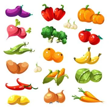 Fruits and Vegetables. Organic Food Icons Vector Stock Illustration