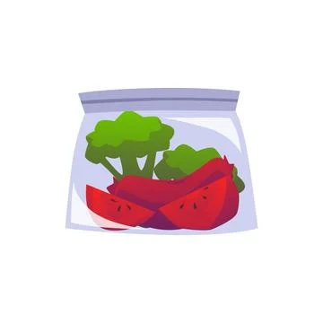 Fruits and vegetables packaged for storage in zip bag flat vector isolated. Stock Illustration