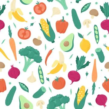 Fruits and vegetables pattern. Healthy vegetarian or vegan food. Hand drawn Stock Illustration