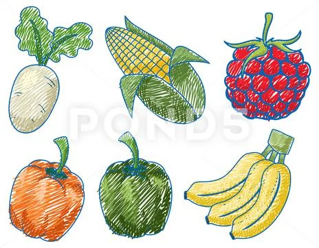 Vegetables and fruits sketch for colouring