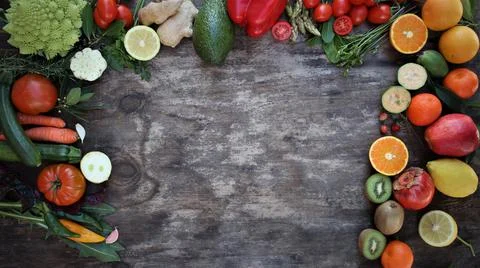 Fruits and vegetables on rustic background. banner Stock Photos