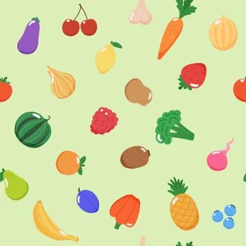 Fruits and vegetables seamless pattern, vector illustration in flat style Stock Illustration