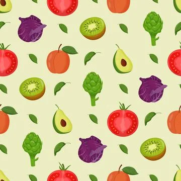 Fruits and vegetables seamless pattern. Vegetarian food, healthy eating conce Stock Illustration