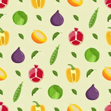 Fruits and vegetables seamless pattern. Vegetarian food, healthy eating conce Stock Illustration
