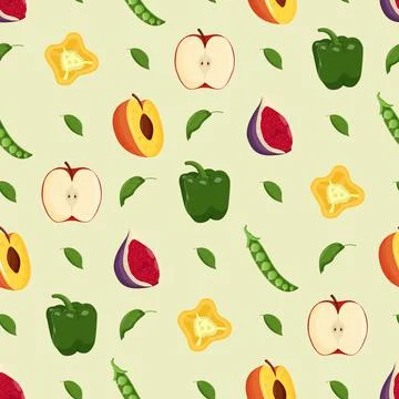 Fruits and vegetables seamless pattern. Vegetarian food, healthy eating conce Stock Illustration