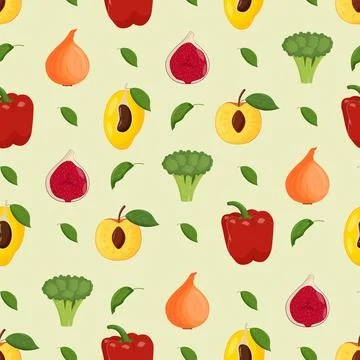Fruits and vegetables seamless pattern. Vegetarian food, healthy eating conce Stock Illustration