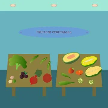 Fruits and vegetables showcase flat icon. Supermarket section design template Stock Illustration